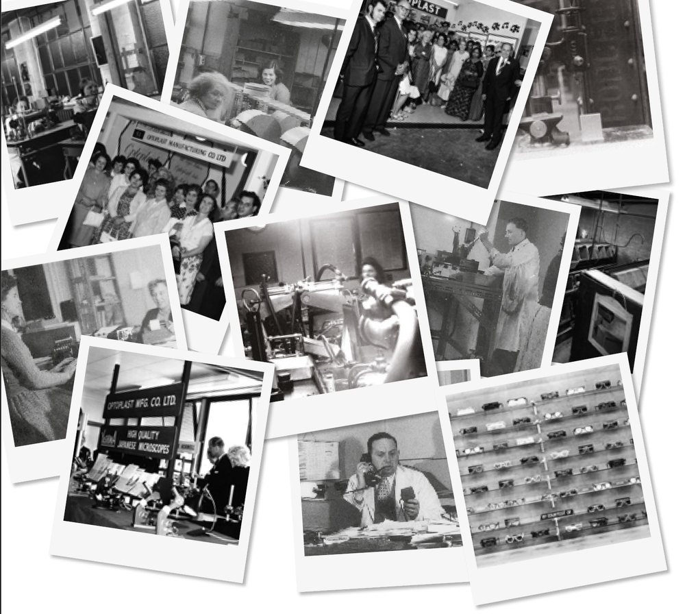 Archive photographs of the early years at Optoplast: the workshop, the PIMO machine and the first frames